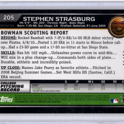 2010 Topps Bowman Chrome Gold Refractor Stephen Strasburg Rookie Card 46/50!